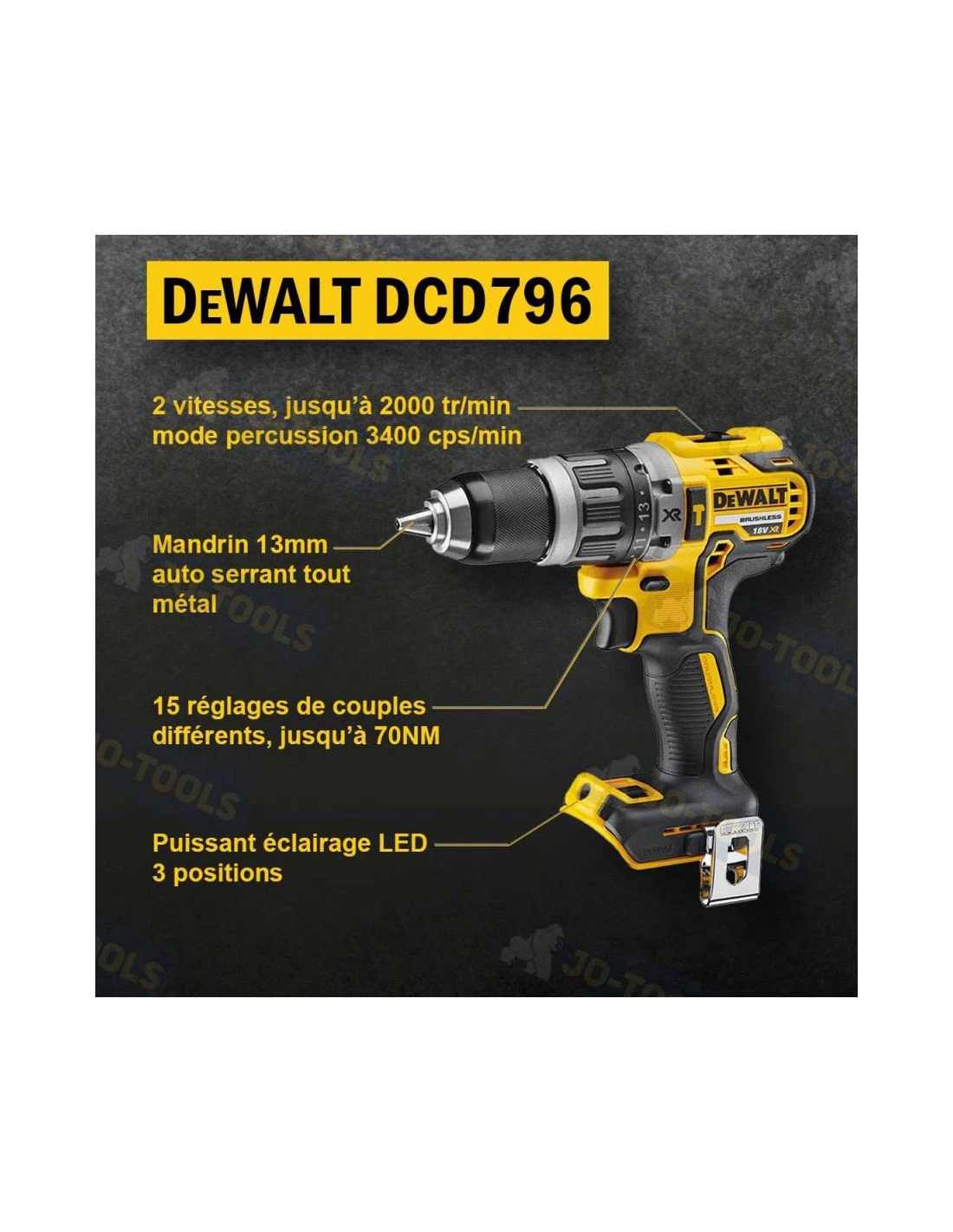 Perceuse Visseuse Sans Fil à Percussion DEWALT Brushless XR Li-ion 18V DCD796NT-XJ – Image 8